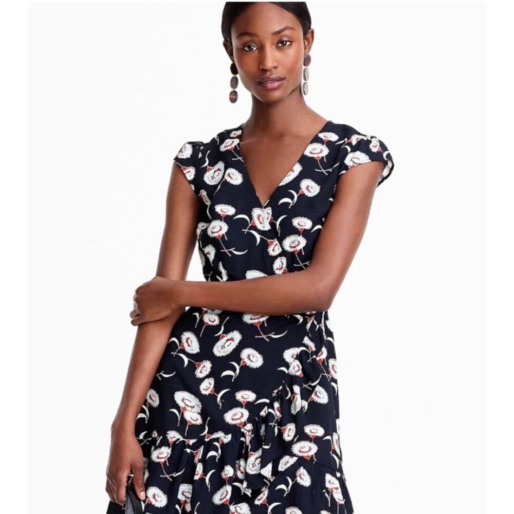 J. Crew Mercantile Short Sleeve Faux Wrap Surplice Dress Navy Floral Size 0